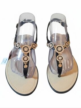 Women's Black T-Strap Sandals with Gold Crystal Accents